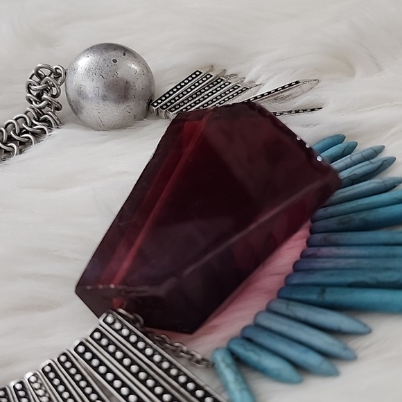 VINTAGE CHUNKY SILVER NECKLACE DIAMOND SHAPE TURQUOISE CHAIN / RARE TURQUOISE - Picture 4 of 4